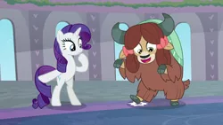 Size: 1280x720 | Tagged: safe, derpibooru import, screencap, rarity, yona, unicorn, yak, she's all yak, bow, cloven hooves, dancing, duo, female, hair bow, mare, monkey swings