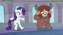 Size: 1280x720 | Tagged: safe, derpibooru import, screencap, rarity, yona, unicorn, yak, she's all yak, bow, cloven hooves, dancing, duo, female, hair bow, mare, monkey swings