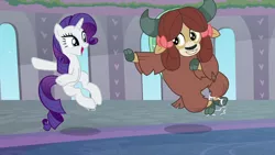 Size: 1280x720 | Tagged: safe, derpibooru import, screencap, rarity, yona, unicorn, yak, she's all yak, bow, cloven hooves, dancing, duo, female, hair bow, mare, monkey swings