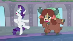 Size: 1280x720 | Tagged: safe, derpibooru import, screencap, rarity, yona, unicorn, yak, she's all yak, bow, cloven hooves, dancing, duo, female, hair bow, mare, monkey swings