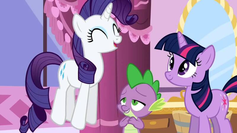 Size: 1280x720 | Tagged: safe, derpibooru import, screencap, rarity, spike, twilight sparkle, dragon, pony, unicorn, green isn't your color, adorable face, carousel boutique, curtain, cute, eyes closed, female, happy, in love, jumping, lidded eyes, male, mare, mirror, open mouth, smiling, straight, unicorn twilight