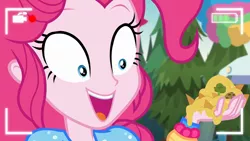 Size: 1920x1080 | Tagged: safe, derpibooru import, screencap, pinkie pie, equestria girls, equestria girls series, five lines you need to stand in, spoiler:eqg series (season 2), chips, close-up, excited, extreme close up, female, food, nachos, open mouth, recording, selfie drone, smiling, solo, video, wide eyes