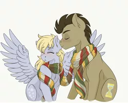 Size: 1898x1536 | Tagged: safe, artist:pastel-charms, derpibooru import, derpy hooves, doctor whooves, time turner, pony, clothes, doctorderpy, female, fourth doctor's scarf, kissing, male, scarf, shared clothing, shared scarf, shipping, simple background, straight, white background