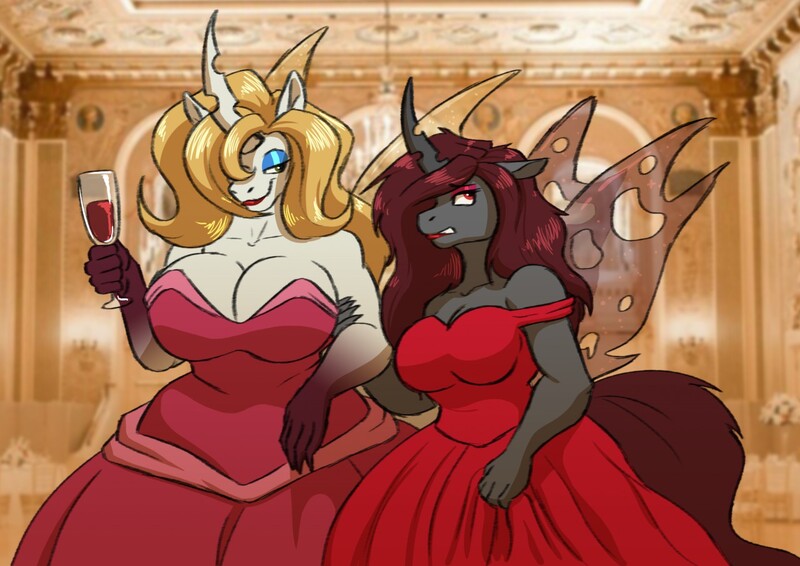 Size: 1280x906 | Tagged: alcohol, anthro, artist:pyc-art, big breasts, breasts, changeling, changeling oc, cleavage, clothes, derpibooru import, dress, duo, female, mother and child, mother and daughter, oc, oc:aurora industry (ic), oc:victoria indy(ic), red changeling, safe, unofficial characters only, white changeling, wine