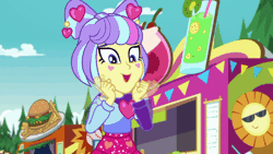 Size: 800x450 | Tagged: safe, derpibooru import, screencap, supernova zap, equestria girls, equestria girls series, lost and pound, spoiler:choose your own ending (season 2), spoiler:eqg series (season 2), animated, burger, cute, excited, fangirling, female, food, food truck, french fries, gif, hamburger, happy, lost and pound: fluttershy, outdoors, smiling, solo, squee, su-z, su-z-betes