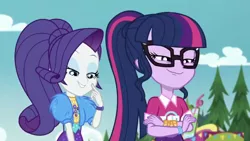 Size: 1280x720 | Tagged: safe, derpibooru import, screencap, rarity, sci-twi, twilight sparkle, equestria girls, equestria girls series, lost and pound, spoiler:choose your own ending (season 2), spoiler:eqg series (season 2), bolero jacket, crossed arms, faic, female, geode of shielding, glasses, lidded eyes, lost and pound: spike, magical geodes, ponytail, sci-twi is best facemaker, smug