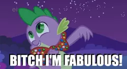 Size: 631x347 | Tagged: bitch i'm fabulous, bowtie, caption, derpibooru import, dragon, edit, edited screencap, ei, image macro, male, meme, night, owl's well that ends well, raised arm, safe, screencap, smiling, solo, spike, text, vulgar