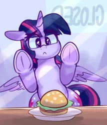Size: 3137x3665 | Tagged: safe, artist:graphene, derpibooru import, twilight sparkle, twilight sparkle (alicorn), alicorn, pony, against glass, atg 2019, both cutie marks, burger, closed, cute, female, food, frog (hoof), frown, glass, mare, meat, newbie artist training grounds, ponies eating meat, restaurant, solo, that pony sure does love burgers, twiabetes, twilight burgkle, underhoof, want