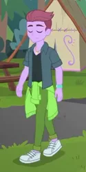 Size: 183x366 | Tagged: safe, derpibooru import, screencap, duke suave, equestria girls, equestria girls series, five lines you need to stand in, spoiler:eqg series (season 2), background human, clothes, cropped, eyes closed, male, pants, shoes, sneakers, solo