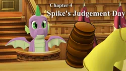 Size: 1920x1080 | Tagged: 3d, ace attorney, artist:papadragon69, chapter image, comic, comic:spike's cyosa, courtroom, cyoa, derpibooru import, dragon, gavel, implied discord, older, older spike, part of a series, part of a set, safe, source filmmaker, spike, teenager, teenage spike, winged spike