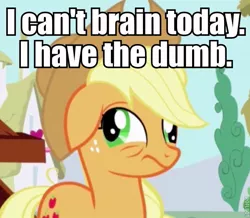 Size: 600x524 | Tagged: safe, derpibooru import, edit, edited screencap, screencap, applejack, earth pony, pony, applebuck season, applejack's hat, caption, cowboy hat, derp, dumb, faic, female, freckles, funny, hat, image macro, impact font, lol, mare, meme, ponyville, silly, silly pony, solo, text, text edit, who's a silly pony