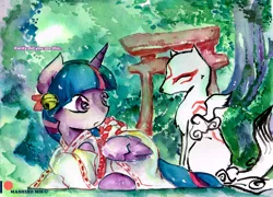 Size: 3341x2409 | Tagged: safe, artist:mashiromiku, derpibooru import, twilight sparkle, twilight sparkle (alicorn), alicorn, pony, amaterasu, bell, clothes, crossover, kimono (clothing), okami, patreon, patreon logo, torii, torii gate, traditional art, watercolor painting