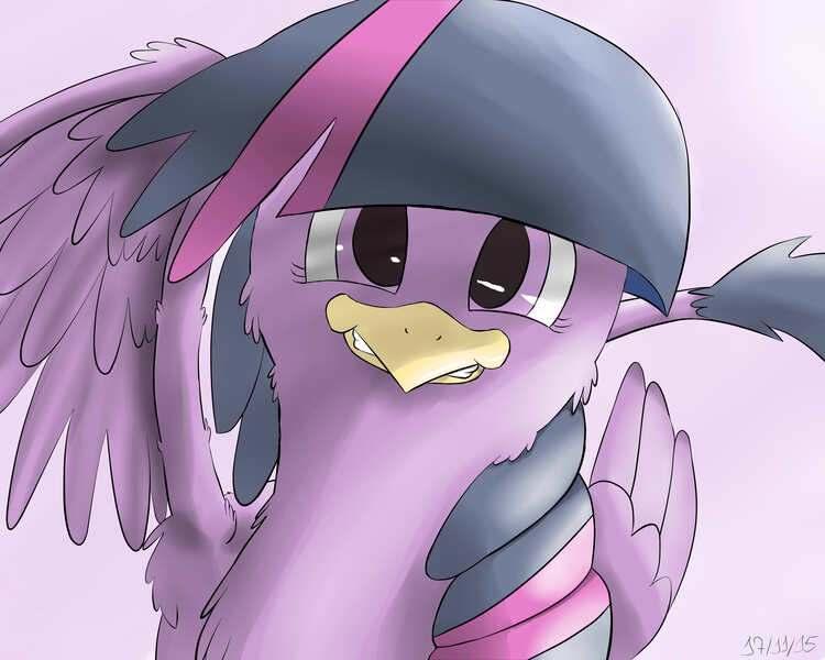 Size: 5000x4000 | Tagged: safe, artist:dragoon32, derpibooru import, twilight sparkle, gryphon, female, griffonized, image, jpeg, looking at you, one wing out, smiling at you, solo, species swap, waving, wings