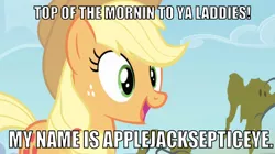 Size: 638x358 | Tagged: safe, derpibooru import, edit, edited screencap, editor:undeadponysoldier, screencap, applejack, earth pony, pony, bats!, adorable face, breaking the fourth wall, cute, female, hat, i see what you did there, introduction, irish, jacksepticeye, looking at you, mare, meme, namesake, pun, reference, solo, talking to viewer, tree, youtuber