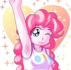 Size: 1178x1158 | Tagged: safe, artist:アルカリ土類金属, derpibooru import, pinkie pie, human, equestria girls, :3, abstract background, armpit hair, armpits, breasts, clothes, cute, diapinkes, eye clipping through hair, eyebrows visible through hair, female, heart, one eye closed, pixiv, solo, wingding eyes, wink