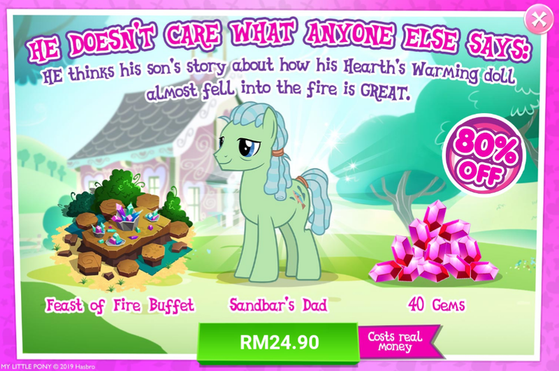 Size: 1037x688 | Tagged: safe, derpibooru import, official, beachcomber (g4), earth pony, pony, advertisement, costs real money, feast of fire, gameloft, gem, male, sale, stallion