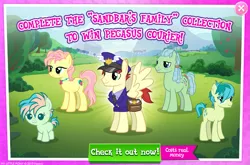 Size: 1037x684 | Tagged: safe, derpibooru import, official, beachcomber (g4), care package, coral currents, high tide (g4), sandbar, special delivery, earth pony, pony, advertisement, baby, baby pony, collection, costs real money, family, female, foal, gameloft, green, male, mare, stallion
