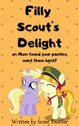 Size: 641x1024 | Tagged: suggestive, derpibooru import, dinky hooves, tag-a-long, earth pony, pony, unicorn, fanfic, fanfic:filly scout's delight, author:scout feather, blank flank, charity, duo, duo female, explicit source, eyes closed, fanfic art, fanfic cover, female, females only, filly, freckles, implied lesbian, smiling, vector