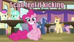 Size: 1920x1080 | Tagged: safe, derpibooru import, edit, edited screencap, screencap, bon bon, fluttershy, golden crust, lyra heartstrings, midnight snack (character), pinkie pie, sweetie drops, earth pony, pegasus, pony, unicorn, a trivial pursuit, caption, chubbie pie, chubby, cute, female, friendship student, grin, image macro, implied pregnancy, lidded eyes, male, mare, pinkie being pinkie, smiling, stallion, stuffed, text