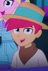 Size: 400x600 | Tagged: safe, derpibooru import, screencap, hunter hedge, sandy cerise, equestria girls, equestria girls series, sunset's backstage pass!, spoiler:eqg series (season 2), background human, clothes, cropped, female, happy, hat, male, overall shorts, overalls, panama hat, shorts, solo focus
