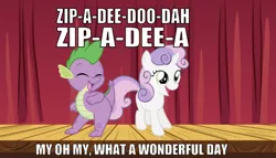 Size: 633x363 | Tagged: safe, artist:zutheskunk edits, derpibooru import, edit, edited screencap, editor:undeadponysoldier, screencap, spike, sweetie belle, adorable face, aly & aj, caption, cute, dancing, disney, disney world, duet, eyes closed, female, happy, image macro, lyrics, male, open mouth, shipping, singing, song of the south, song reference, spikebelle, stage, straight, text, zip a dee do dah