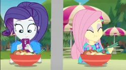 Size: 1922x1078 | Tagged: safe, derpibooru import, screencap, fluttershy, rarity, equestria girls, equestria girls series, lost and pound, spoiler:choose your own ending (season 2), spoiler:eqg series (season 2), bowl, chopsticks, cute, duo, duo female, eating, eyes closed, female, food, geode of fauna, geode of shielding, lost and pound: spike, magical geodes, mobile phone, noodle bowl, noodles, outdoors, phone, raribetes, shyabetes, smartphone, umbrella