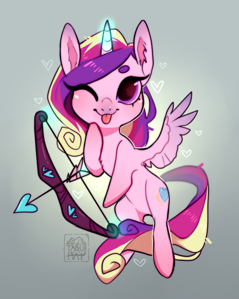 Size: 1280x1600 | Tagged: safe, artist:tabu-rat, derpibooru import, princess cadance, alicorn, pony, :p, arrow, beanbrows, bow (weapon), bow and arrow, chest fluff, chibi, cupid, cupidance, cute, cutedance, ear fluff, eyebrows, female, flying, glowing horn, heart, heart eyes, horn, looking at you, magic, mare, one eye closed, solo, telekinesis, tongue out, weapon, wingding eyes, wink