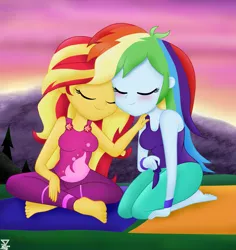 Size: 2927x3105 | Tagged: safe, artist:theretroart88, derpibooru import, rainbow dash, sunset shimmer, equestria girls, equestria girls series, wake up!, spoiler:choose your own ending (season 2), spoiler:eqg series (season 2), barefoot, blushing, breasts, busty rainbow dash, busty sunset shimmer, clothes, eyes closed, feet, female, high res, lesbian, shipping, smiling, sunset, sunsetdash, wake up!: rainbow dash