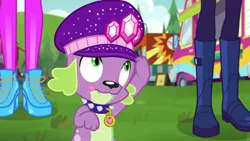 Size: 2208x1242 | Tagged: safe, derpibooru import, screencap, rarity, sci-twi, twilight sparkle, equestria girls, equestria girls series, lost and pound, spoiler:choose your own ending (season 2), spoiler:eqg series (season 2), boots, clothes, food truck, grass, high heels, legs, lost and pound: spike, paws, pictures of legs, shoes, spike's dog collar, spike's festival hat