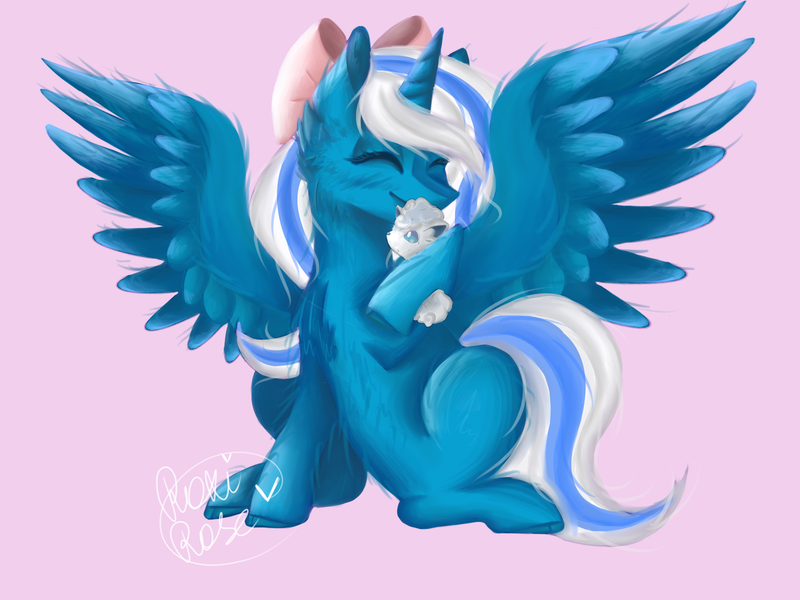 Size: 1600x1200 | Tagged: safe, artist:roxiroseowo, derpibooru import, oc, oc:fleurbelle, alicorn, pony, vulpix, alicorn oc, bow, female, hair bow, horn, hug, mare, pokémon, wings