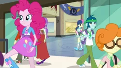 Size: 1280x720 | Tagged: safe, derpibooru import, screencap, bon bon, captain planet, normal norman, pinkie pie, scribble dee, starlight, sweetie drops, all's fair in love and friendship games, equestria girls, background human, backpack, boots, canterlot high, clothes, dress, female, male, mary janes, miniskirt, pants, shoes, skipping, skirt, sneakers, socks