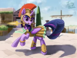 Size: 2048x1536 | Tagged: safe, artist:tinybenz, derpibooru import, twilight sparkle, twilight sparkle (alicorn), alicorn, pony, scare master, armor, assassin's creed, athena sparkle, clothes, cosplay, costume, cute, female, greek helmet, helmet, mare, mouth hold, nightmare night costume, solo, spartan, spear, spear of leonidas, twiabetes, weapon