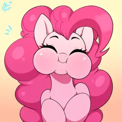 Size: 2000x2000 | Tagged: safe, artist:aer0 zer0, derpibooru import, pinkie pie, earth pony, pony, :i, anatomically incorrect, aweeg*, blushing, bust, c:, chipmunk cheeks, cute, diapinkes, ear fluff, eating, eyes closed, female, gradient background, hnnng, human shoulders, mare, ponk, puffy cheeks, simple background, smiling, solo, yellow background
