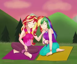 Size: 1984x1660 | Tagged: safe, artist:anonix123, derpibooru import, rainbow dash, sunset shimmer, human, equestria girls, equestria girls series, wake up!, spoiler:choose your own ending (season 2), spoiler:eqg series (season 2), barefoot, clothes, eyes closed, feet, female, human coloration, humanized, lesbian, shipping, smiling, sunsetdash, wake up!: rainbow dash