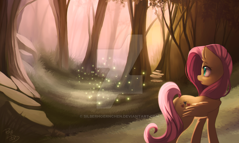 Size: 800x480 | Tagged: safe, artist:silberhoernchen, derpibooru import, fluttershy, firefly (insect), insect, pegasus, pony, deviantart watermark, female, forest, mare, nature, obtrusive watermark, scenery, solo, tree, watermark