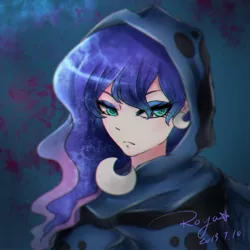 Size: 1000x1000 | Tagged: a hearth's warming tail, artist:roya, bust, cloak, clothes, crescent moon, derpibooru import, ear piercing, earring, female, human, humanized, jewelry, lidded eyes, moon, piercing, pixiv, portrait, princess luna, safe, solo, spirit of hearth's warming yet to come