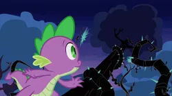 Size: 2100x1177 | Tagged: black vine, derpibooru import, dragon, male, night, princess twilight sparkle (episode), safe, screencap, solo, spike, thorns, tree, vine, worm's eye view