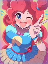 Size: 768x1024 | Tagged: safe, artist:erufi, derpibooru import, pinkie pie, equestria girls, equestria girls series, five lines you need to stand in, spoiler:eqg series (season 2), anime, beautiful, breasts, busty pinkie pie, clothes, cute, diapinkes, dress, female, geode of sugar bombs, magical geodes, one eye closed, open mouth, peace sign, solo, wink