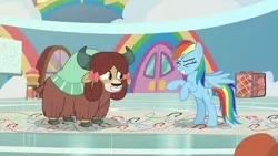 Size: 1920x1080 | Tagged: safe, derpibooru import, screencap, rainbow dash, yona, pegasus, pony, yak, she's all yak, bow, cloven hooves, duo, female, hair bow, mare, monkey swings, rearing