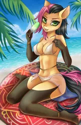 Size: 649x1000 | Tagged: suggestive, artist:pink-pinktooth, derpibooru import, oc, oc:bärmey jäçar, unofficial characters only, anthro, earth pony, plantigrade anthro, absolute cleavage, anklet, anthro oc, bikini, bracelet, breasts, cleavage, clothes, ear piercing, earring, female, food, ice cream, image, jewelry, jpeg, lip piercing, looking at you, piercing, sitting, socks, solo, solo female, stockings, swimsuit, thigh highs