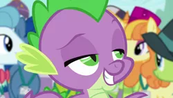 Size: 1280x720 | Tagged: safe, derpibooru import, screencap, spike, dragon, pony, unicorn, princess spike (episode), claws, female, grin, lidded eyes, male, mare, name needed, raised eyebrow, slit eyes, smiling, solo focus, stallion