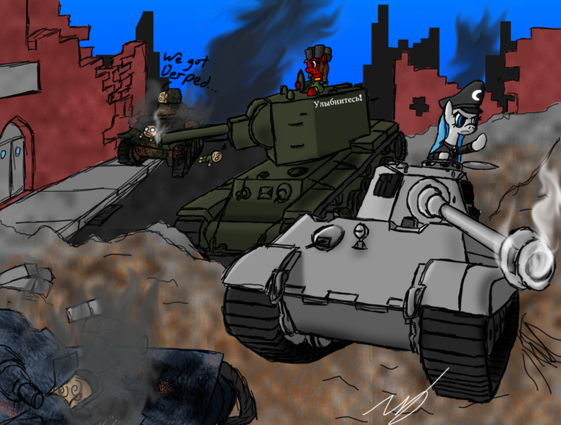 Size: 1024x776 | Tagged: artist:zatgeneral, derpibooru import, kv-2, oc, safe, tank (vehicle), tiger ii, unofficial characters only