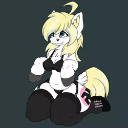 Size: 1250x1250 | Tagged: ahoge, anthro, artist:haegle hürlag, aryan, aryan pony, ass, black underwear, blonde, blushing, bra, breasts, butt, clothes, derpibooru import, heart, hooves, lingerie, looking up, nazi, nazipone, oc, oc:aryanne, panties, ribbon, sitting, suggestive, swastika, thick, underwear, unguligrade anthro, unofficial characters only