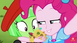 Size: 1280x720 | Tagged: safe, derpibooru import, screencap, pinkie pie, equestria girls, equestria girls series, five lines you need to stand in, spoiler:eqg series (season 2), cheese, food, green face, rapeface, youtube, youtube logo