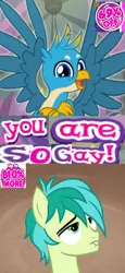 Size: 556x1212 | Tagged: safe, artist:horsesplease, derpibooru import, gallus, sandbar, earth pony, gryphon, pony, 69 (number), caption, crossed arms, expand dong, exploitable meme, gallbar, gay, image macro, insanity, lip bite, male, meme, shipping, spread wings, super gay, text, wings