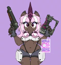 Size: 941x1000 | Tagged: anthro, armor, artist:haegle hürlag, breastplate, breasts, clothes, collar, derpibooru import, dual wield, freckles, gloves, gun, kirin, kirin oc, knee pads, laser pistol, oc, oc:caelic, pink eyes, sawed off shotgun, shorts, shotgun, suggestive, thigh gap, weapon, wide hips