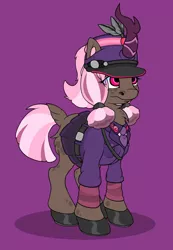 Size: 886x1280 | Tagged: artist:haegle hürlag, belt, cap, clothes, derpibooru import, freckles, hat, kirin, kirin oc, leggings, military uniform, miniskirt, necktie, oc, oc:caelic, pink eyes, pleated skirt, safe, skirt, suit, visor