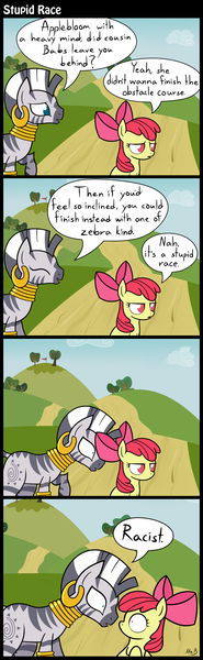 Size: 1324x4300 | Tagged: safe, artist:mrbastoff, derpibooru import, apple bloom, zecora, earth pony, pony, zebra, comic, female, filly, misunderstanding, pun, racism, that's racist, when she doesn't rhyme