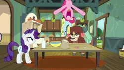 Size: 1280x720 | Tagged: safe, derpibooru import, screencap, pinkie pie, rarity, yona, earth pony, pony, unicorn, yak, she's all yak, bow, cloven hooves, female, food, hair bow, in which pinkie pie forgets how to gravity, kitchen, milk, monkey swings, pie, pinkie being pinkie, pinkie physics, trio
