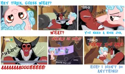 Size: 1750x1044 | Tagged: safe, derpibooru import, edit, edited screencap, screencap, cozy glow, grogar, lord tirek, queen chrysalis, centaur, changeling, pegasus, pony, frenemies (episode), bow, comic, cozybetes, cute, descriptive noise, dialogue, discovery family logo, disguise, disguised changeling, female, filly, foal, freckles, hitting, horse noises, innocent, legion of doom, male, nose piercing, nose ring, piercing, screencap comic, smug, text, this will end in death, this will end in tears, this will end in tears and/or death
